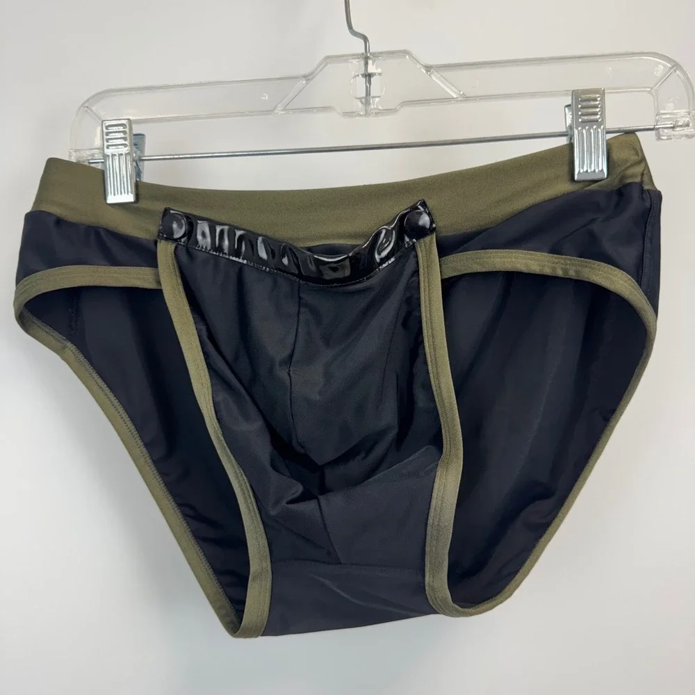 Modus Vivendi Mens Snap Front Pouch Swim Briefs Olive Green Black XL Made Greece